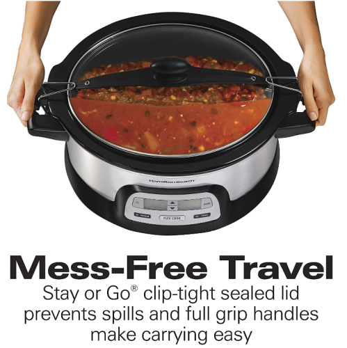 Hamilton Beach Stay or Go Portable 6-Quart Programmable Slow Cooker With FlexCook Dual Digital Timer for 2 Heat Settings, Lid Lock