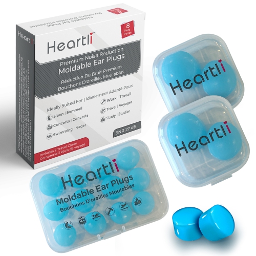 Heartli Premium Bouchons d'oreille en silicone ultra doux moulables Confort  maximum réutilisables - Suppression du bruit pour dormir, ronfler,  travailler - 16 unités comprenant 2 étuis de voyage 27 dB