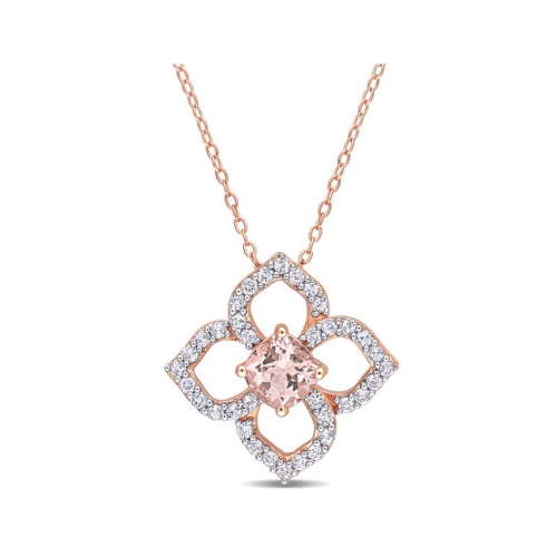2.00 Carat Morganite & White Topaz Floral Pendant Necklace in Rose Plated Sterling Silver