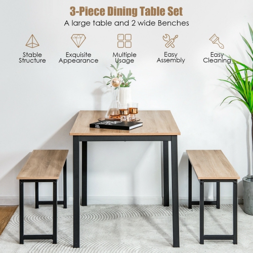 Topbuy 3pcs Dining Table Set for 4 Modern Industrial Counter Height Kitchen Table Set with 2 Benches for Dining Room