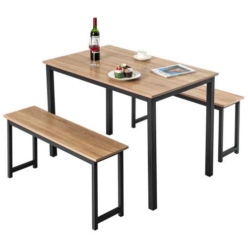 Topbuy 3pcs Dining Table Set for 4 Modern Industrial Counter Height Kitchen Table Set with 2 Benches for Dining Room