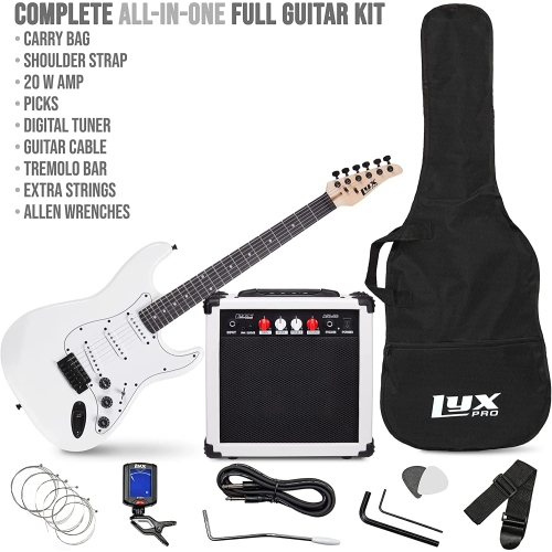 LyxPro 39 inch Electric Guitar Kit Bundle with 20w Amplifier, All Accessories, Digital Clip On Tuner, Six Strings, Two Picks, Tremolo Bar, Shoulder