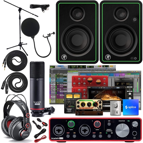 Ensemble avec interface audio USB 2 2x2 Scarlett de Focusrite, logiciel de production de musique créative, paire de haut-parleurs de contrôle Studio