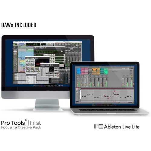 Ensemble avec interface audio USB 2 2x2 Scarlett de Focusrite, logiciel de production de musique créative, paire de haut-parleurs de contrôle Studio