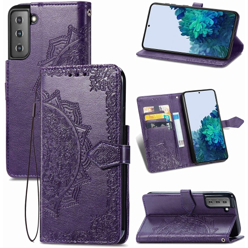 LEDEX  Leather Flip Wallet Case Card Holder Embossed Mandala Floral Pattern Premium Skyxd Luxury 3D for Samsung Galaxy S21 Fe (Purple)