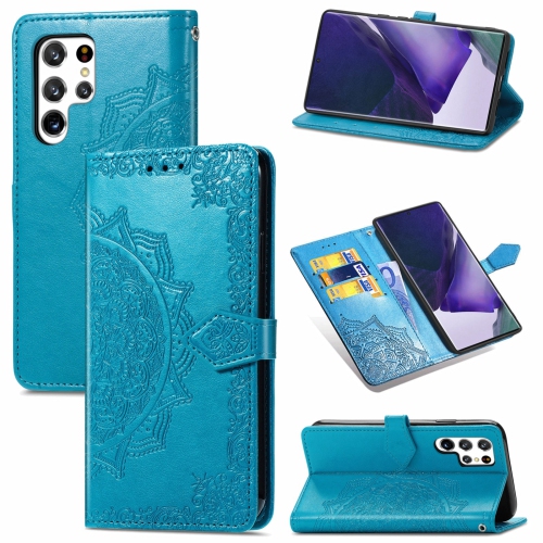 LEDEX  Leather Flip Wallet Case Card Holder Embossed Mandala Floral Pattern Premium Skyxd Luxury 3D for Samsung Galaxy S22 Ultra (Blue)
