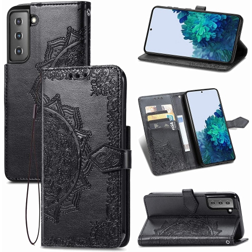 LEDEX  Leather Flip Wallet Case Card Holder Embossed Mandala Floral Pattern Premium Skyxd Luxury 3D for Samsung Galaxy S22 (Black)