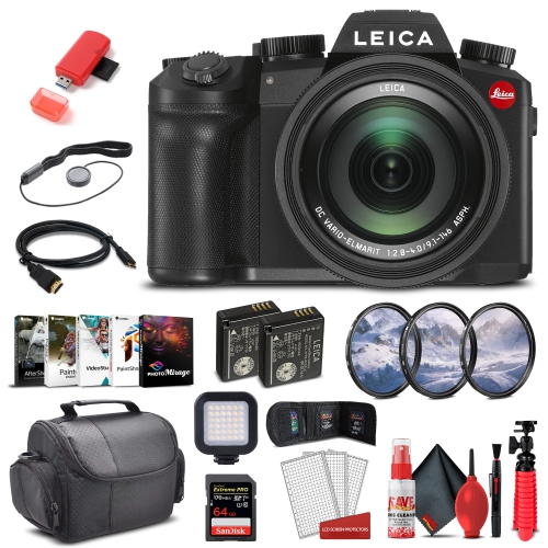 Leica V - Lux 5 Digital Camera (19121) + 64GB Extreme Pro Card + Corel Photo Software + Extra Battery + LED Video Light + Card Reader + 3 Piece Filter Kit + Case + and More - Delux