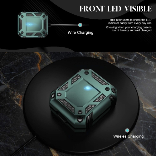 Heavy Duty Anti-Drop Full Body Protective Rugged Case Cover & Keychain for Apple AirPods 1 2, Midnight Green