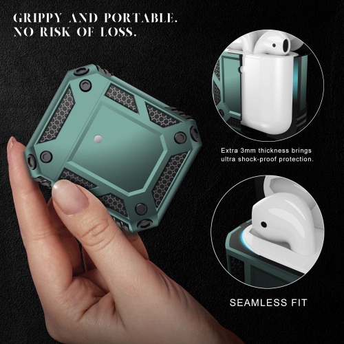 Heavy Duty Anti-Drop Full Body Protective Rugged Case Cover & Keychain for Apple AirPods 1 2, Midnight Green