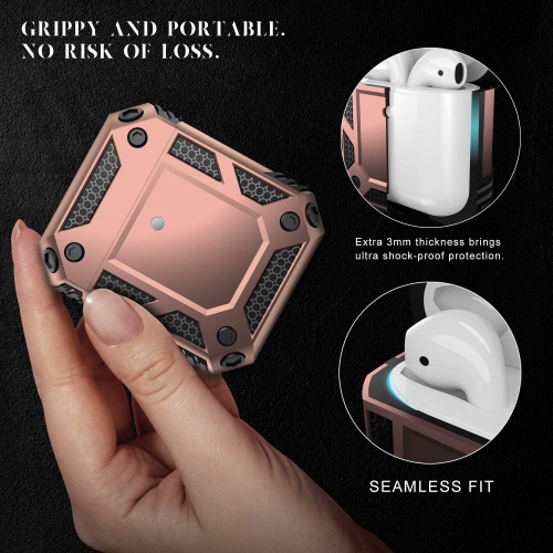 Heavy Duty Anti-Drop Full Body Protective Rugged Case Cover & Keychain for Apple AirPods 1 2, Rose Gold