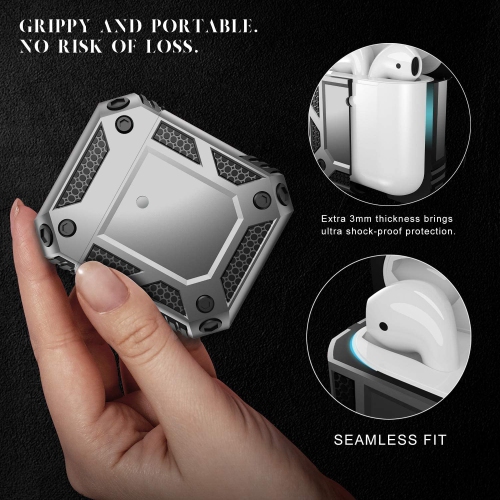 Heavy Duty Anti-Drop Full Body Protective Rugged Case Cover & Keychain for Apple AirPods 1 2, Grey