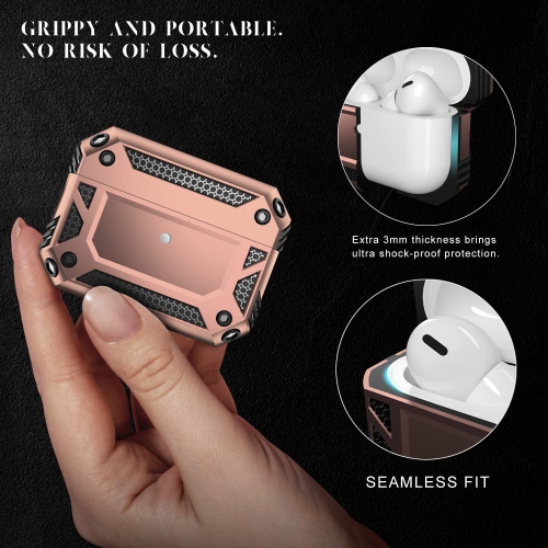 Heavy Duty Anti-Drop Full Body Protective Rugged Case Cover & Keychain for Apple AirPods Pro, Rose Gold