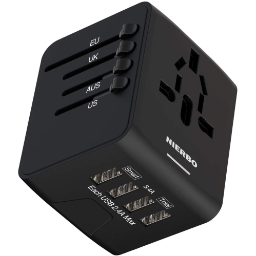 NIERBO  Universal Travel Adapter, International Power Adapter, 4 Fast Charging USB Ports With Connector for Usa, Europe, Australia And More