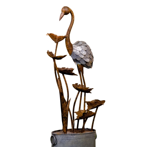 Hi-Line Gift Ltd Metal Flamingo with Leaves in Pail Fountain