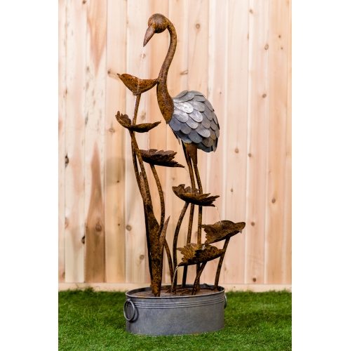Hi-Line Gift Ltd Metal Flamingo with Leaves in Pail Fountain