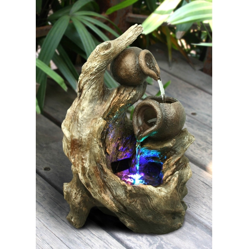 Hi-Line Gift Ltd 2 Jugs & Tree Trunk Fountain with RGB LED