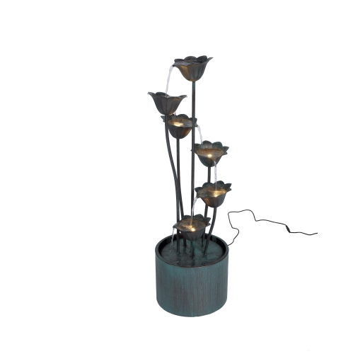 HI-LINE GIFT LTD  Metal Lily Flower Pouring Into Bucket Fountain With 5 Warm Led In White