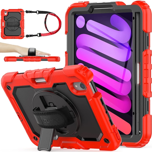 CSMART  Shockproof Heavy Duty Defender Case Kickstand Cover With Shoulder & Hand Strap for Ipad Mini 6 6Th Gen. 2021 (8.3") In Red