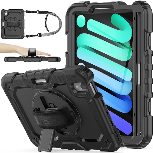 Shockproof Heavy Duty Defender Case Kickstand Cover with Shoulder & Hand Strap for iPad Mini 6 2021, Black