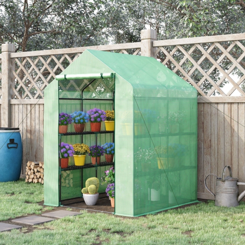 Outsunny 56" x 54" x 74" Walk-in Greenhouse Portable Garden Plant Flower Seed Warm House with 8 Shelves Outdoor Plant Growth Hot House PE Cover Green