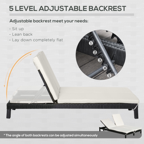 Outsunny Wicker Double Chaise Lounge Chair Outdoor Recliner 2 Person Rattan Patio Reclining Sunbed Furniture Cushioned w/Adjustable Backrest, Cream