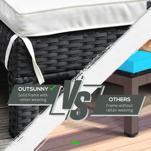 Outsunny Wicker Double Chaise Lounge Chair Outdoor Recliner 2 Person Rattan Patio Reclining Sunbed Furniture Cushioned w/Adjustable Backrest, Cream