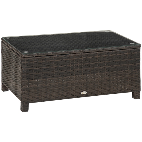 Image 1 of 9.. Outsunny Rattan Coffee Table, Patio Side Table, Hand-woven Wicker Furniture with Tempered Glass Top Outdoor Garden Patio, Brown
