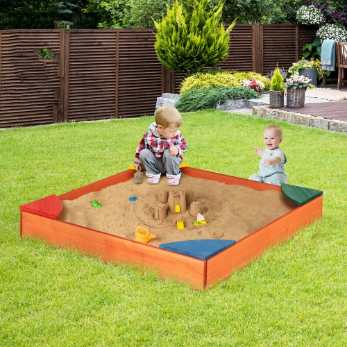 Gymax Kids Wooden Backyard Sandbox W/ Built-in Corner Seating Kid's Outdoor Furniture
