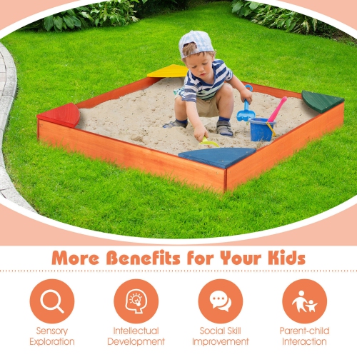 Gymax Kids Wooden Backyard Sandbox W/ Built-in Corner Seating Kid's Outdoor Furniture