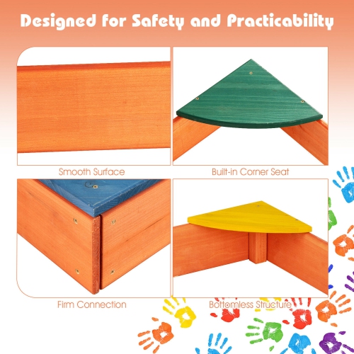 Gymax Kids Wooden Backyard Sandbox W/ Built-in Corner Seating Kid's Outdoor Furniture