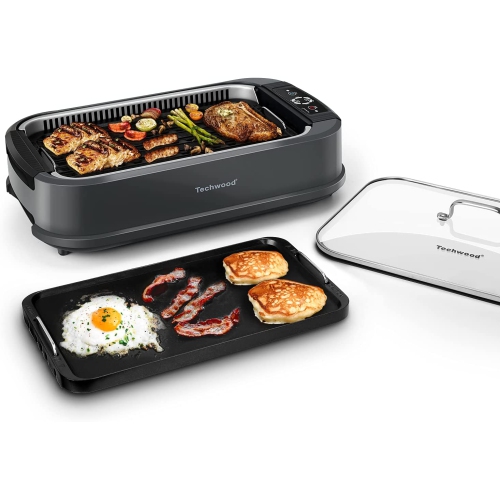 Techwood Indoor Grill Grill sans fumée, 1500 W pour barbecue coréen d'intérieur avec couvercle en verre trempé, grille amovible et plaques de cuisson