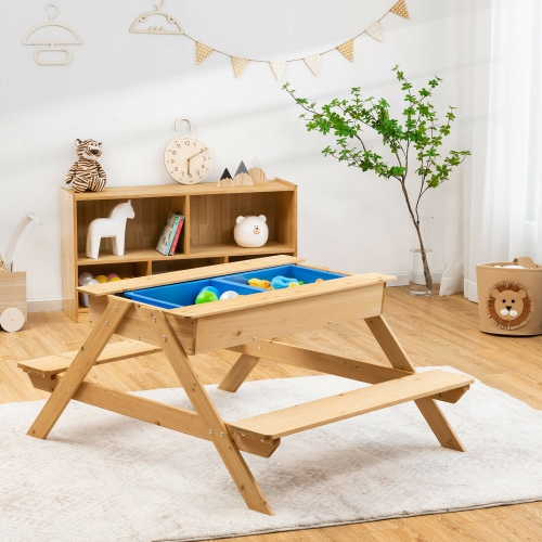 Marque Gymax Table de pique-nique pour enfants 3 en 1 Table bac à sable Table bac à eau extérieure en bois avec boîtes de jeux