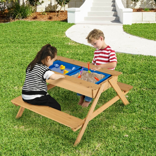 Marque Gymax Table de pique-nique pour enfants 3 en 1 Table bac à sable Table bac à eau extérieure en bois avec boîtes de jeux