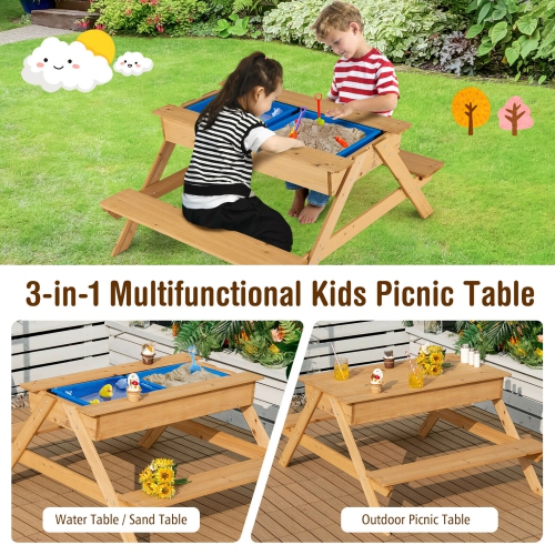 Marque Gymax Table de pique-nique pour enfants 3 en 1 Table bac à sable Table bac à eau extérieure en bois avec boîtes de jeux