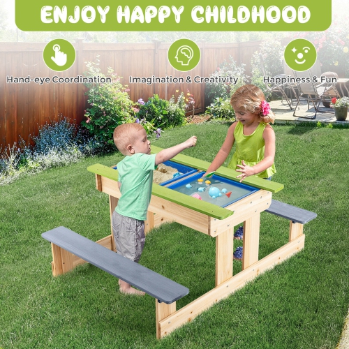 Marque Gymax Table en bois de pique-nique 3 en 1 pour enfants Table bac à sable Table bac à eau en bois avec boîtes de jeux pour l’extérieur