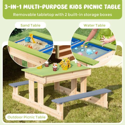 Marque Gymax Table en bois de pique-nique 3 en 1 pour enfants Table bac à sable Table bac à eau en bois avec boîtes de jeux pour l’extérieur