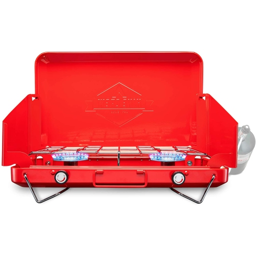 HIKE CREW  Gas Camping Stove | Portable Double Propane Burner | Built-In Carrying Handle, Foldable Legs & Wind Panels | Includes Regulator Tube