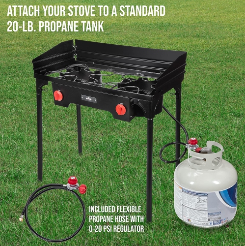Hike Crew Cast Iron Double-Burner Outdoor Gas Stove | 150,000 BTU Portable Propane-Powered Cooktop with Removable Legs, Temperature Control Knobs,