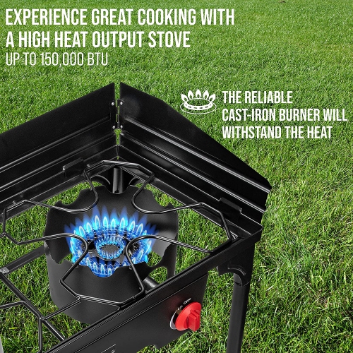 Hike Crew Cast Iron Double-Burner Outdoor Gas Stove | 150,000 BTU Portable Propane-Powered Cooktop with Removable Legs, Temperature Control Knobs,
