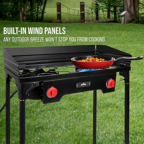 Hike Crew Cast Iron Double-Burner Outdoor Gas Stove | 150,000 BTU Portable Propane-Powered Cooktop with Removable Legs, Temperature Control Knobs,