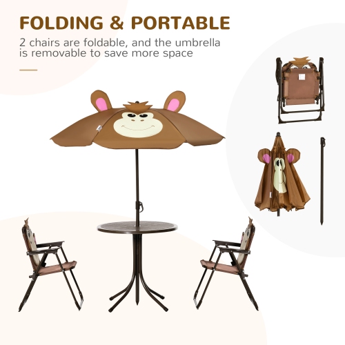 Outsunny Kids Folding Picnic Table and Chair Set Pattern Outdoor Garden Patio Backyard with Removable & Height Adjustable Sun Umbrella Brown