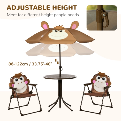 Outsunny Kids Folding Picnic Table and Chair Set Pattern Outdoor Garden Patio Backyard with Removable & Height Adjustable Sun Umbrella Brown