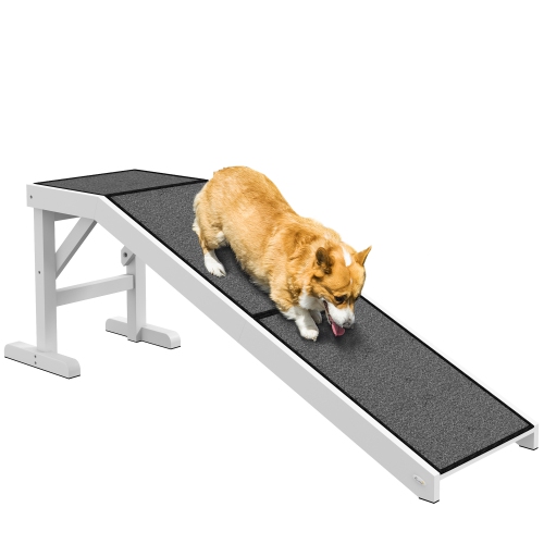 PawHut Pet Ramp Bed Steps for Dogs Cats Non-slip Carpet Top Platform Pine Wood 59.75"L x 15.75"W x 19.75"H White Grey