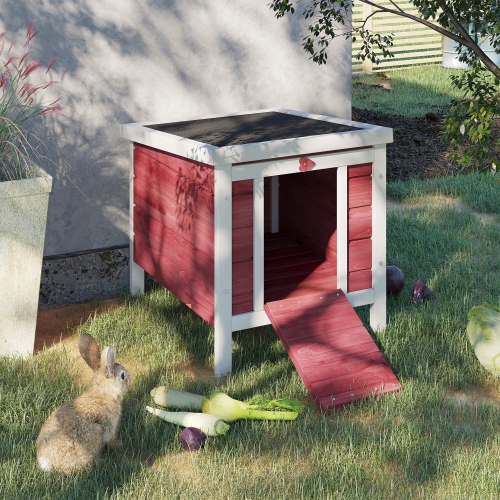 PawHut Wooden Rabbit Hutch Bunny Cage Outdoor Cat House Guinea Pig Cage Duck Shelter, Indoor Outdoor Use, 20"x16.5"x17", Red