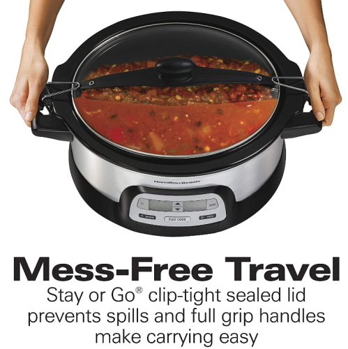 Hamilton Beach Stay or Go Portable 6-Quart Programmable Slow Cooker With FlexCook Dual Digital Timer for 2 Heat Settings, Lid Lock