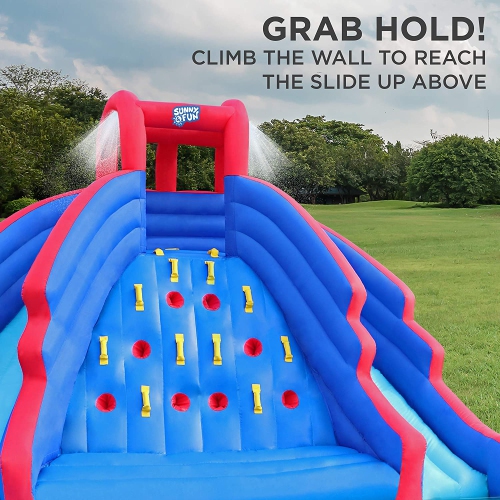 Sunny & Fun Deluxe Inflatable Water Slide Park – Heavy-Duty Nylon Bouncy Station for Outdoor Fun - Climbing Wall, Two Slides & Splash Pool – Easy to