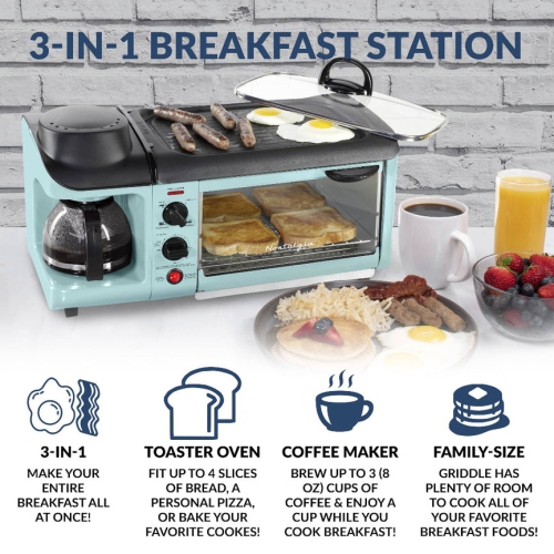 Nostalgia Retro 3-in-1 Family Size Breakfast Station, Aqua