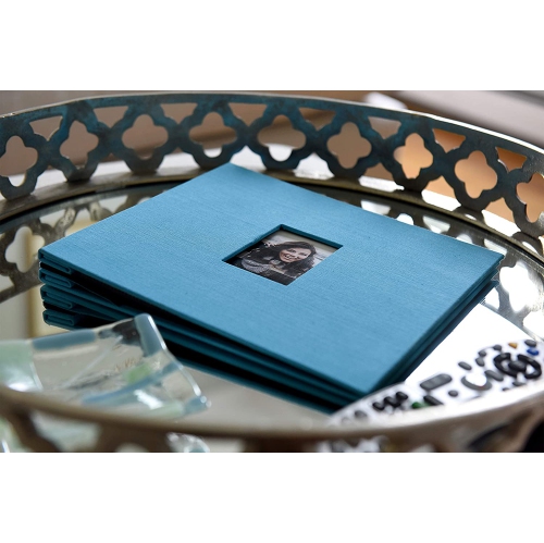 Zink Cloth Covered Scrapbook 8x8” Photo Album w/Front Picture Window, Blue