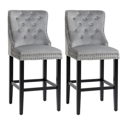 HOMCOM  Bar Height Bar Stools Set Of 2, Upholstered Wingback Barstools With Wide Seat, Button Tufting And Nailhead Trim In Grey